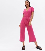 New Look Mid Pink Ribbed Wrap Crop Jumpsuit